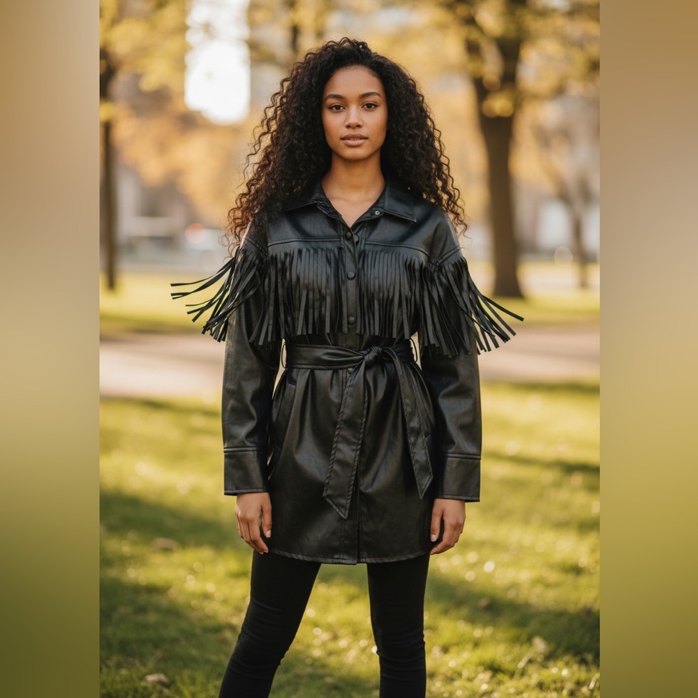 Vintage style SHEIN Black Faux Leather Fringe Belted Jacket - Picture 13 of 16